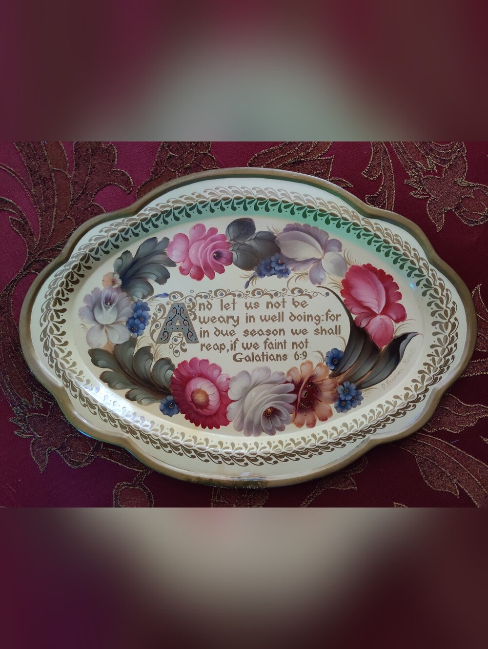 Vintage Signed Hand Painted Metal Tray Tole Ware Russian Zhostovo Folkart Floral